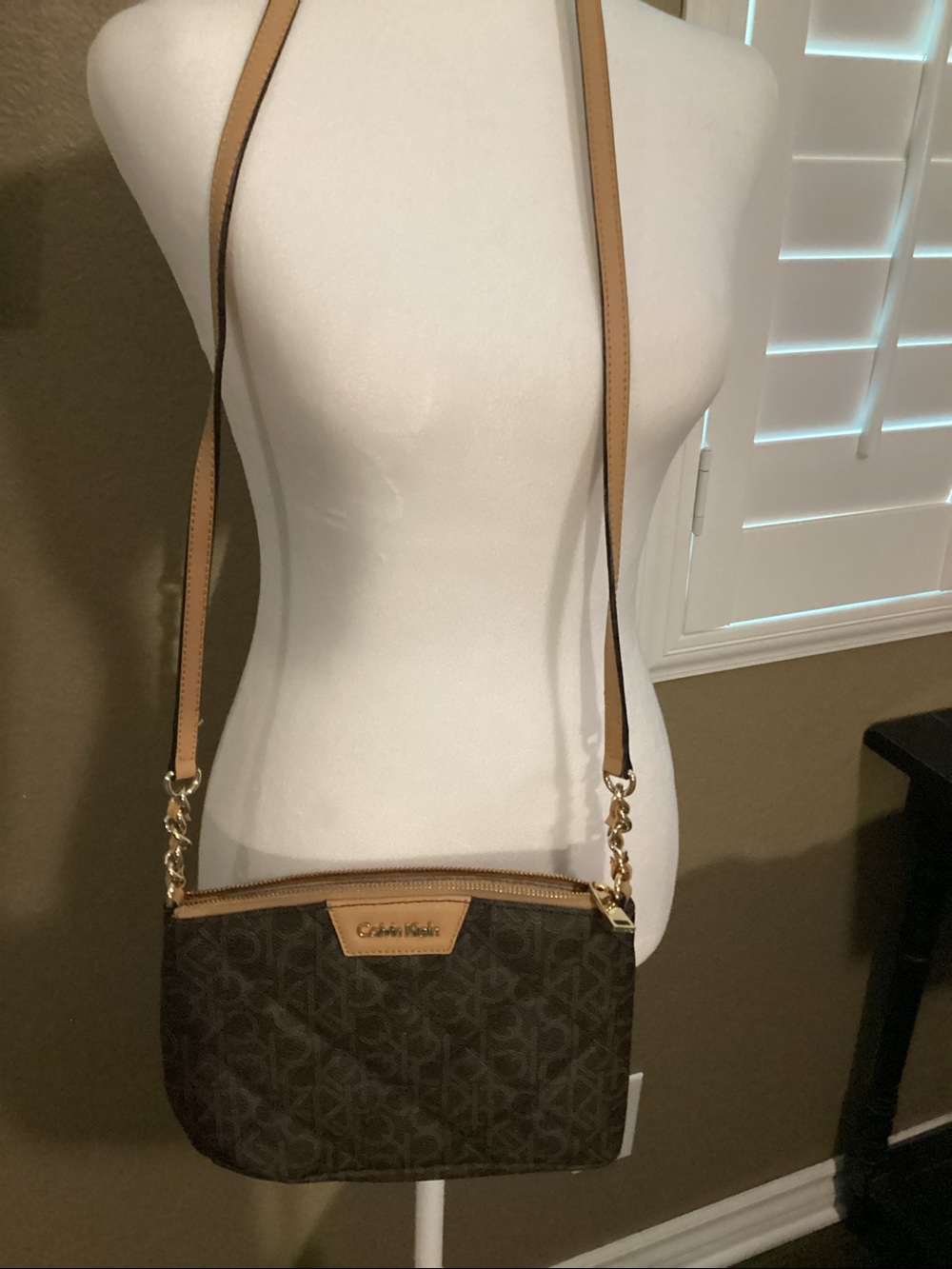 Calvin Klein Dark Brown Quilted Logo Crossbody with Tan Trim